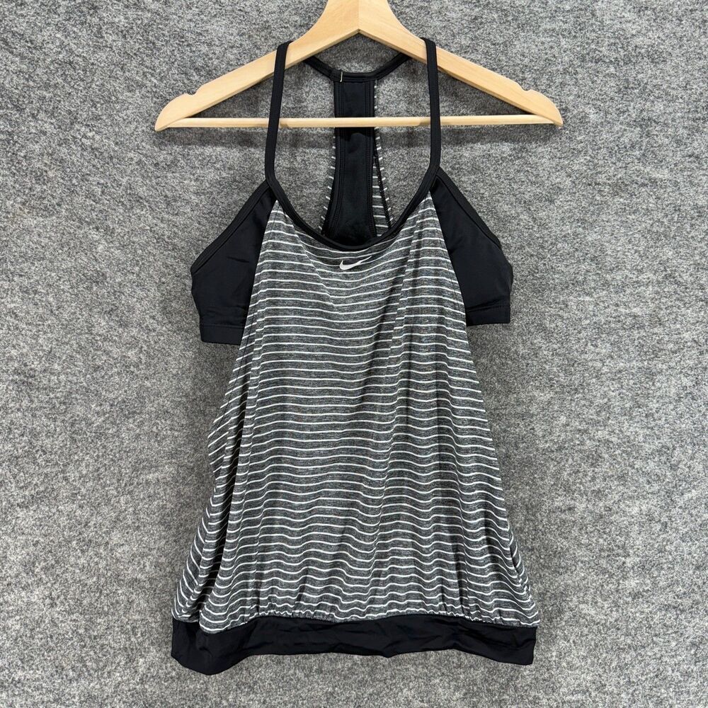 Nike Black and Gray Striped Athletic Tank with Built-in Bra